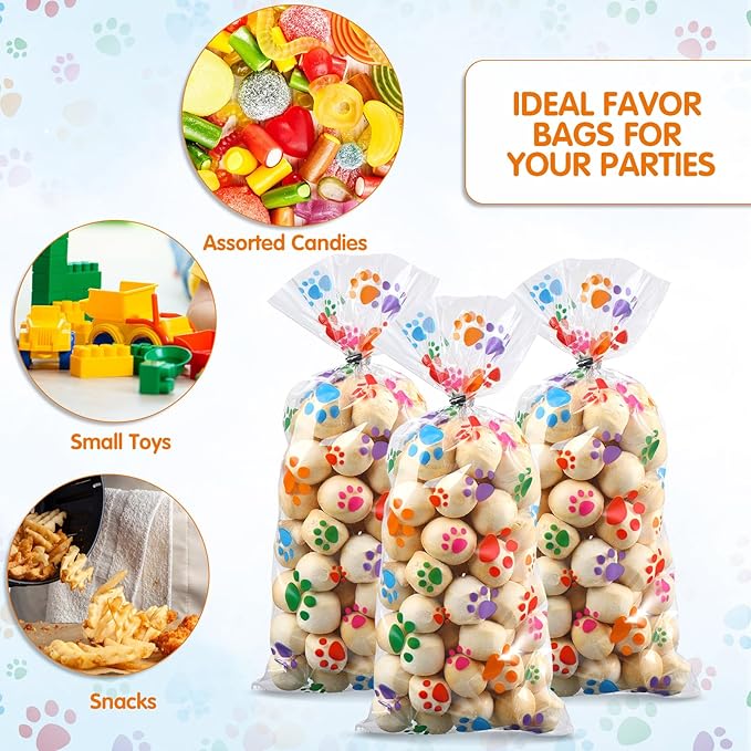 Blulu 100 Pieces Dog Treat Bags Puppy Party Favor Pet Paw Cone Cellophane Bags Candy Heat SealableDog Paw Gift with 100 Pieces Silver Twist Ties for Pet Cat Treat Party Favor(Colorful)