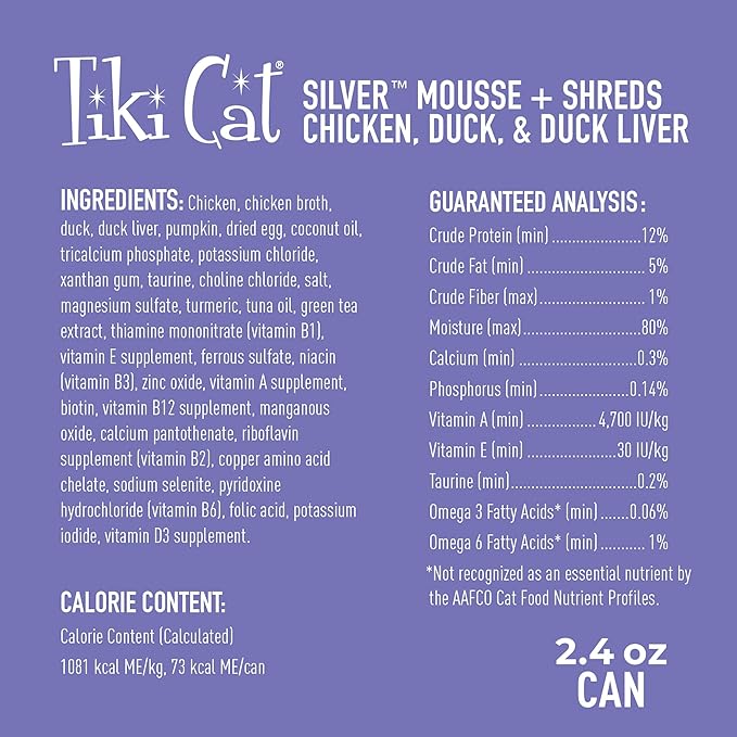 Tiki Cat Silver Comfort Mousse + Shreds, Chicken & Duck and Duck Liver, Immune System Support Formulated for Older Cats Aged 11+, Senior Wet Cat Food, 2.4 oz Cans (Pack of 12)