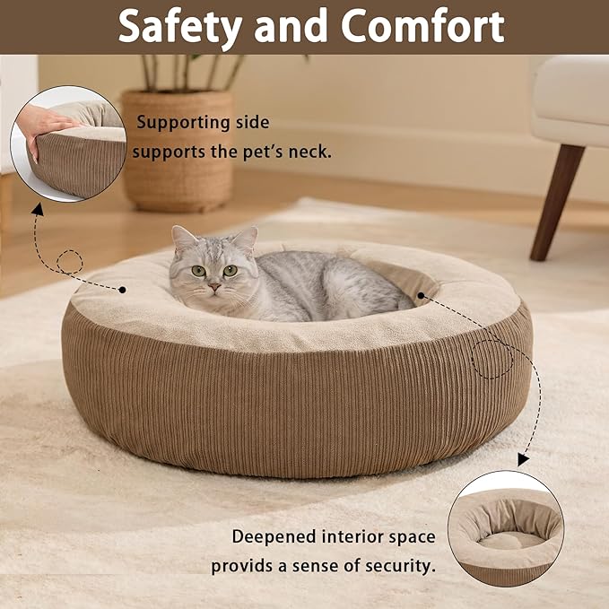 Calming Cat Bed with Anti-Slip Bottom, Washable Removable Round Cozy Donut Pet Bed for Indoor Cats, Small Dogs, Kittens & Puppies 20”x20”x6”