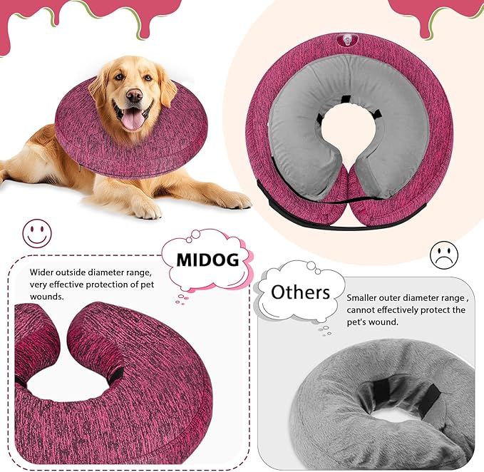 MIDOG Inflatable Dog Cone Alternative for After Surgery - Soft Protective Donut Collar Prevents Licking & Allows Eating, Comfortable Recovery E-Collar Alternative for Small Medium Large Dogs (Rose,XL)