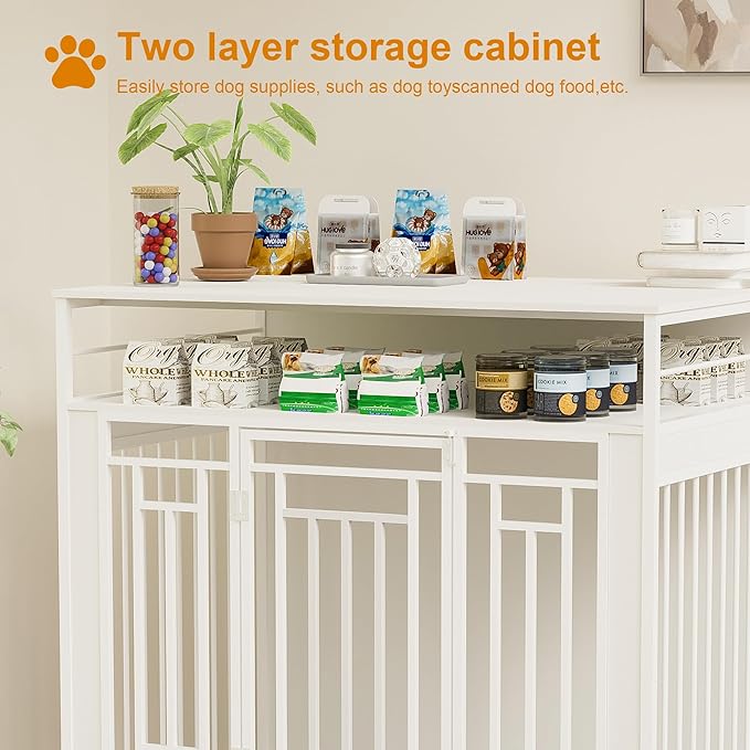 43.3" Dog Crate Furniture for Large Breeds, Wooden Dog Kennel with Divider & Double Doors, Large Drawer Storage, Heavy Duty Indoor Dog Cage, Decorative Pet House for Living Room & Bedroom, White