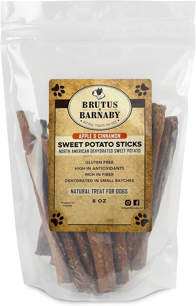BRUTUS & BARNABY USA Sweet Potato Dog Treats - Crunchy Grain Free Cinnamon Apple Sticks, Promotes Positive Gut Health with Natural Anti-Diarrhea Properties (Cinnamon & Apple, 8 oz)