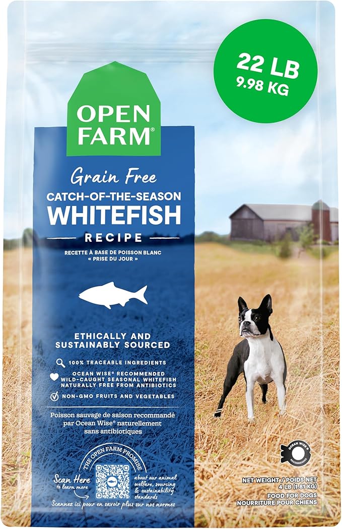 Open Farm, Grain-Free Dry Dog Food, Complete & Balanced Kibble, Sustainably & Ethically Sourced Ingredients, Non-GMO Veggies & Superfoods, Catch-of-The-Season Whitefish Recipe, 22lb Bag