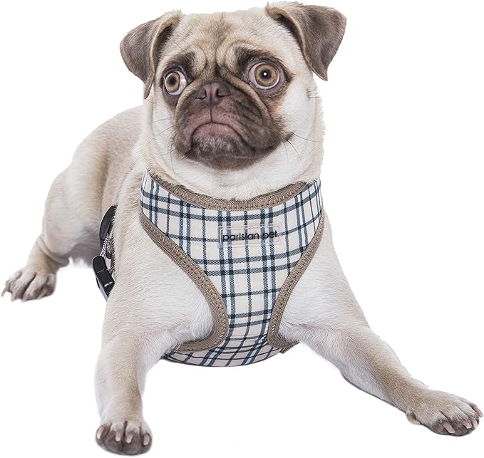 Parisian Pet Adjustable Plaid Khaki Dog Vest Harness - 100% Mesh - No Pull - Medium, Cooling for Walking, Running, Hiking - Puppy