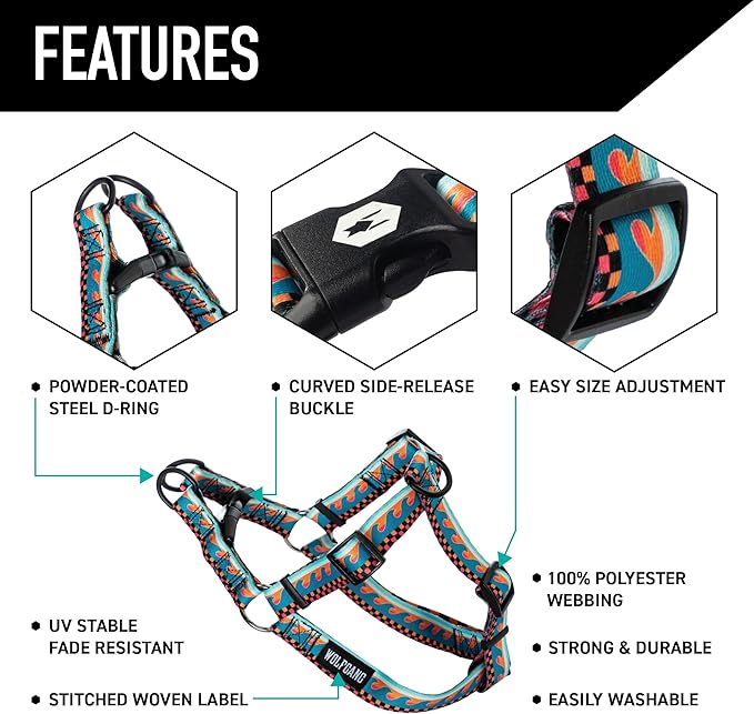 Wolfgang Heavy Duty Adjustable Dog Harness, Pull-Tested to Over 800 lbs for Walking & Training, BuenaOnda Print, Large