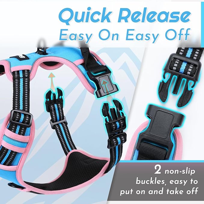 Eagloo Dog Harness for Large Dogs, No Pull Service Vest with Reflective Strips and Control Handle, Adjustable and Comfortable for Walking, No Choke Pet Harness with 2 Metal Rings, Pink & Blue, L