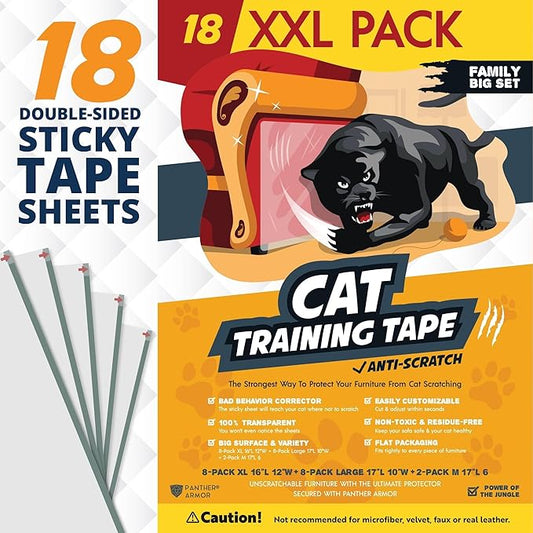 18 Pack Cat Scratch Furniture Protector Tape Sheets – Double-Sided Sticky Training (8 XL, 8 Large, 2 Medium) – Anti-Scratch Couch & Sofa Guard – Clear – Not for Leather, Velvet, Microfiber