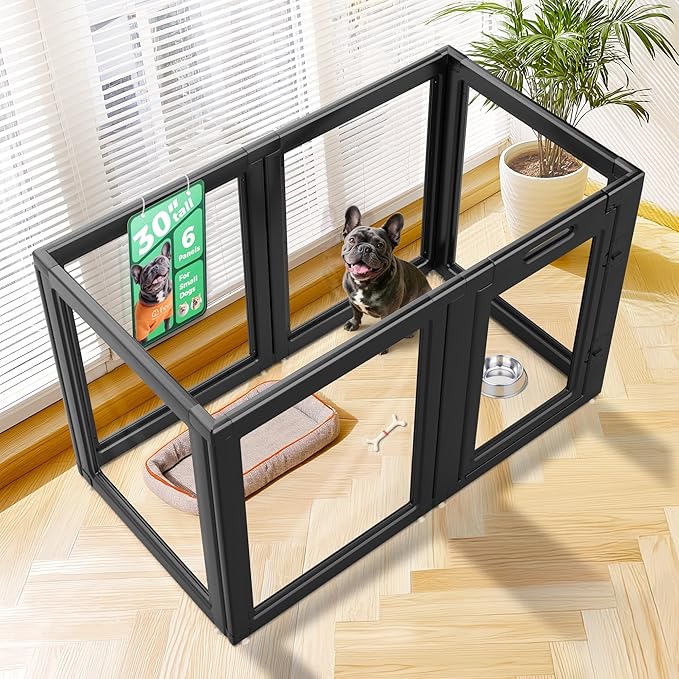 FXW AuraSpace Acrylic Indoor Dog Playpen for Small and Medium Dogs, 30 Inch, 6 Panels, Black