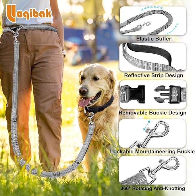 Hands Free Dog Leash, Adjustable Waist Leash for Dog, Handle Bungee 4.2-6.7 Feet Long with Reflective Stitches for Walking Hiking Running, Fits 26"- 43" Waist, Light Grey