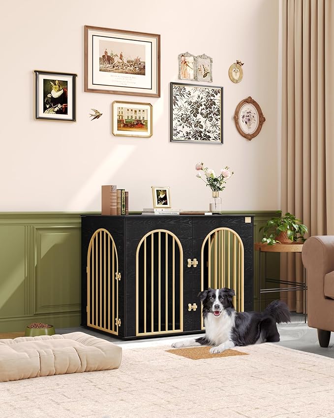 44.1" Wooden Dog Crate Furniture, Indoor Dog Kennel Dogs Cage for Small/Medium/Large Dogs, Heavy Duty Dog Crates Decorative Pet House End Side Table TV Stand, Black Gold DFC83904A