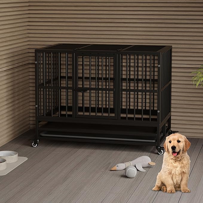 Heavy Duty Metal Dog Crate, 37 in Double Door Dog Cage with Wheels, Folding Indoor Pet House with Removable Tray Perfect for Small, Medium and Large Pets