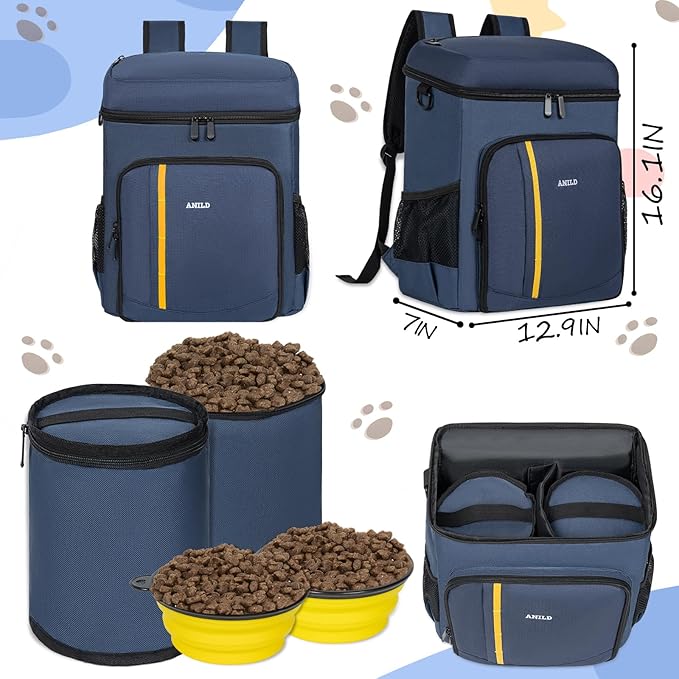 ANILD Dog Travel Backpack - Airline Approved Double-layer Pet Travel Backpack with 2 Food Storage Bag and 2 Foldable Silicone Bowls for Hiking & Camping