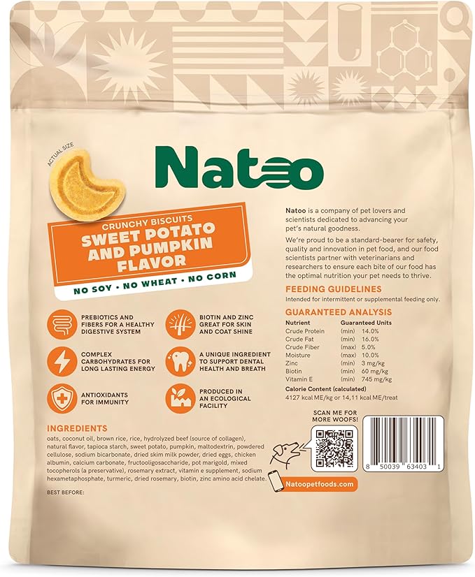 NATOO Biscuits for Small Dogs & Puppies Crunchy Dog Treats, Sweet Potato & Pumpkin Healthy Natural Canine Biscuits, Rich in Omega 6, Prebiotics & Fibers, Antioxidants for Immunity (8 oz)