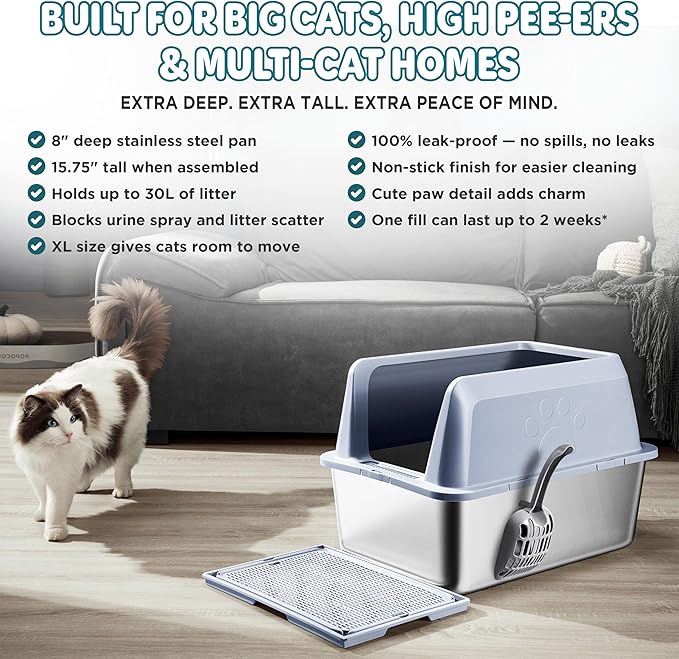 8" Deep 15.75" High Wall Sides Stainless Steel Cat Litter Box with Lid Extra Large Litter Box for Big Cats Deep Leak Proof Litter Pan, Easy Clean, Non Stick, No Odor, with Mat and Litter Scoop