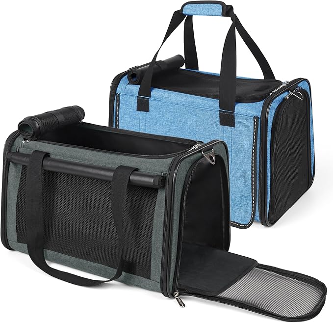 YUDODO 2 Packs 25 lbs Lightproof Soft Sided Pet Carrier for Large Cat & Small Dog Airline Approved Travel Bag Puppy Carriers with Side Pockets & Reflective Mesh, Foldable Portable Lake Blue+Grey Green
