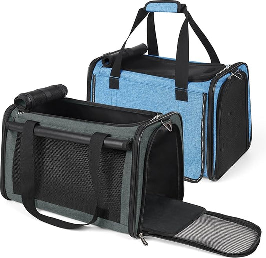 YUDODO 2 Packs 25 lbs Lightproof Soft Sided Pet Carrier for Large Cat & Small Dog Airline Approved Travel Bag Puppy Carriers with Side Pockets & Reflective Mesh, Foldable Portable Lake Blue+Grey Green