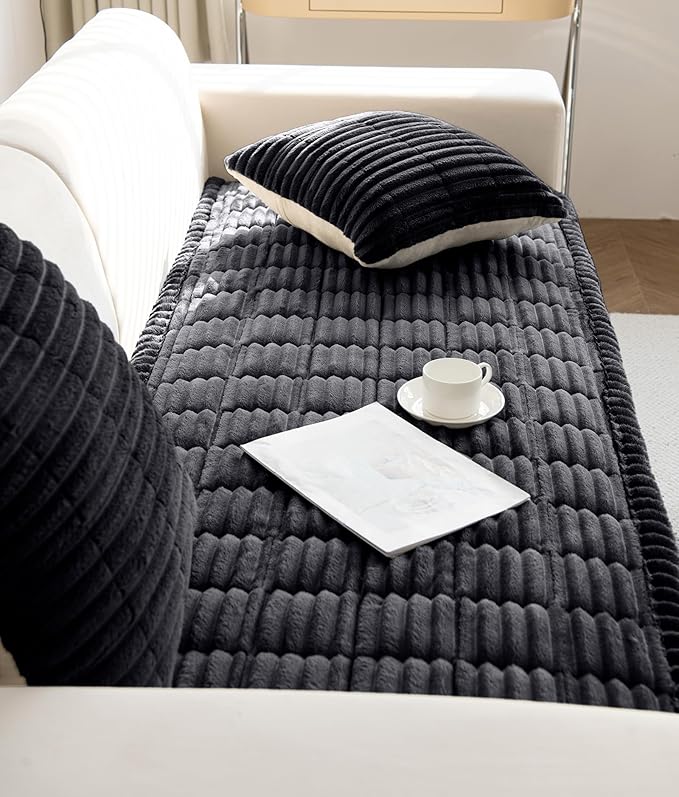 Faux Fur Plush Dog Couch Cover 3D Stripe Fuzzy Sofa Cover Non-Slip Fluffy Dog Bed Cover Pet Blanket Sofa Couch Furniture Protector for Puppy Large Dog Cat (Black,28"x35")