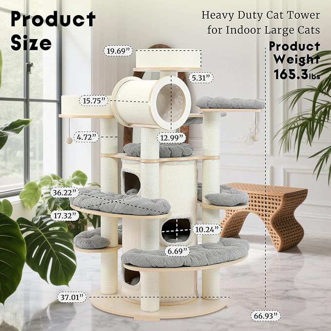 67'' Large Cat Tree,Castle Theme Multi-Levels Wood Cat Tower with Sisal Bed,Big Perchs with Removable Mats,Heavy Duty Modern Cat Condo for Indoor Cats Large Adult