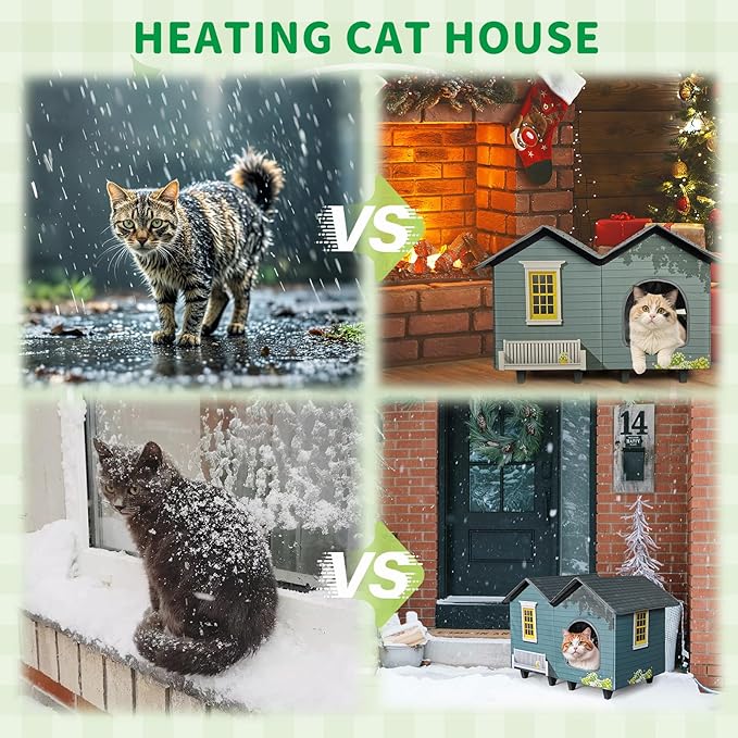 Heated Cat Houses for Indoor/Outdoor Cats with Elevated Heated Cat Bed Providing Safe Feral Cats, Easy to Assemble