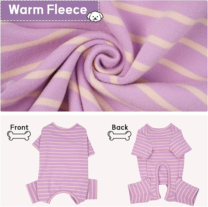 Striped Dog Pajamas - Pijamas for Small to Large Dogs, Fleece Shedding Suit, Stretchy & Machine-Washable Pjs, Belly Cut for Males, Great for Surgery & Cold Weather, Purple S