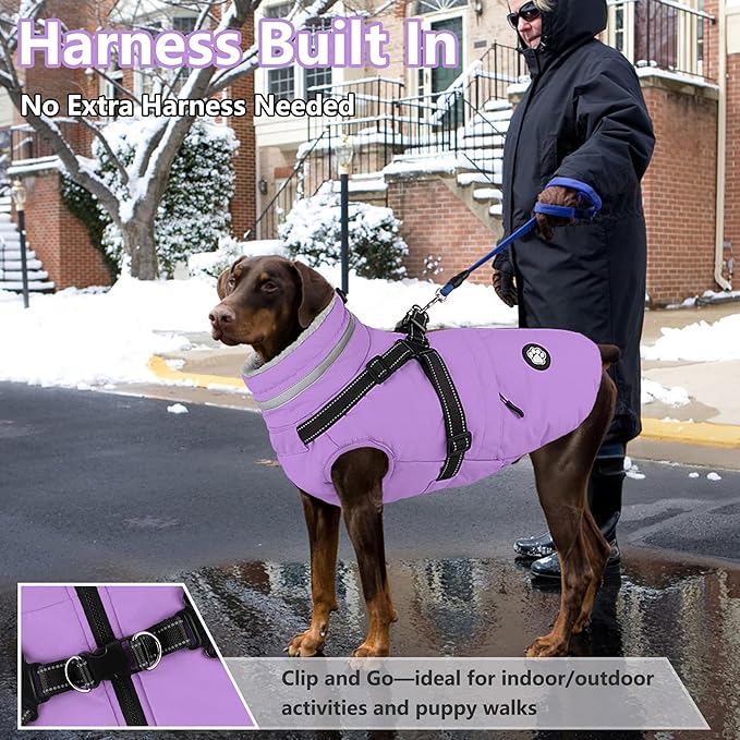 Dogcheer Dog Coat with Harness, Waterproof Dog Jacket, Reflective Puppy Winter Jacket with Pocket, Doggy Turtleneck Fleece Vest for Small Medium Large Dogs - Taro Purple, L