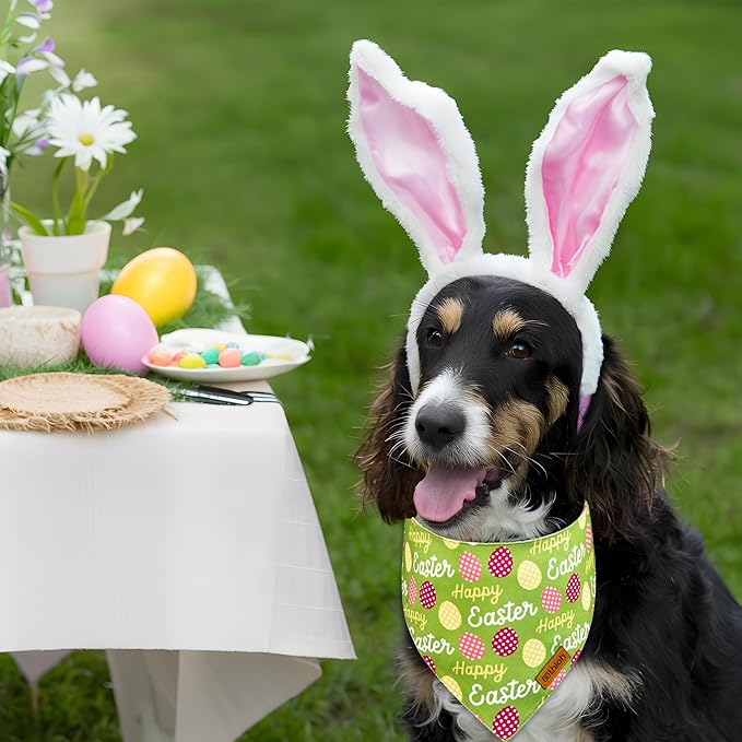 Easter Dog Bandanas with Snap Button, 2 Pack Reversible Spring Bandana for Boy & Girl, Premium Durable Fabric, Bunny and Egg Dog Scarf for Medium and Large Dogs (Large)