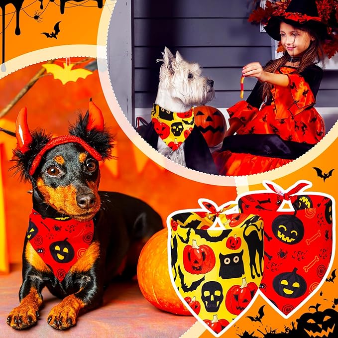 100 Pcs Halloween Dog Bandanas Bulk Pumpkin Black Cat Skull Dog Bandanas Adjustable Pet Bibs Triangle Scarf Halloween Holiday Costume for Small Medium Pet Puppy