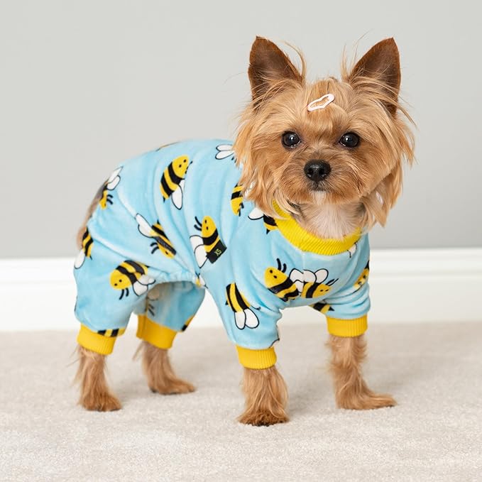 Fitwarm Funny Bee Fleece Dog Pajamas, Warm Winter Dog Clothes for Small Dogs Boy Girl, Cozy Pet Onesie with Feet, Light Blue, XS
