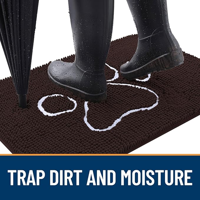 OLANLY Dog Door Mat for Muddy Paws 47x24, Paw Print Design, Absorbs Moisture and Dirt, Absorbent Non-Slip Washable Doormat, Quick Dry Chenille Mud Mat for Dogs, Entry Indoor Entryway Carpet, Brown