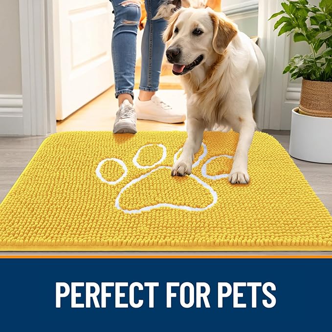 OLANLY Dog Door Mat for Muddy Paws 48x30, Paw Print Design, Absorbs Moisture and Dirt, Absorbent Non-Slip Washable Doormat, Quick Dry Chenille Mud Mat for Dogs, Entry Indoor Entryway Carpet, Yellow