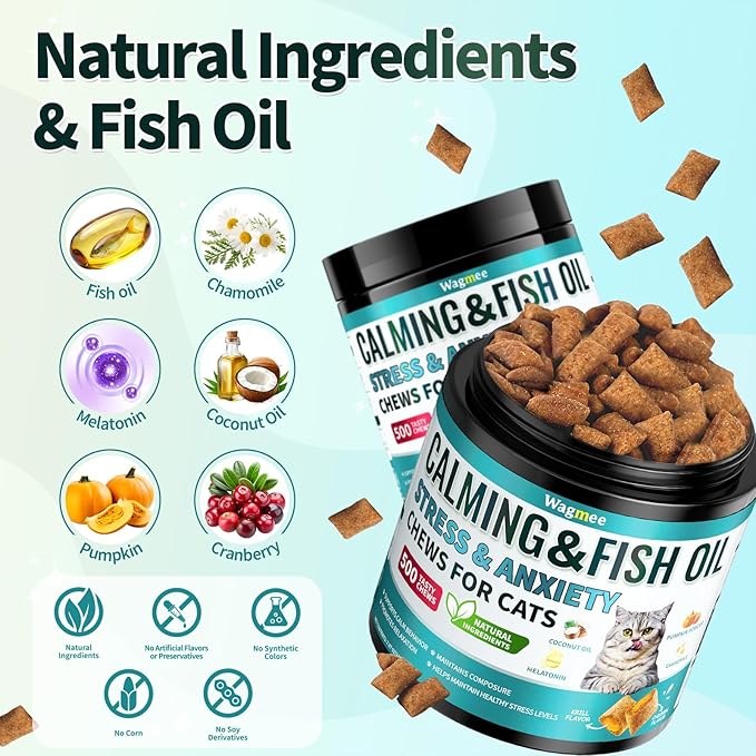 Wagmee Cat Calming Treats - 500 Tasty Cat Chews with Melatonin, Coconut Oil, Chamomile for Cat Stress and Anxiety Relief - Ideal for Travel, Storms and Indoor Care Krill Flavor 7.97 OZ