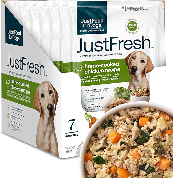 JustFoodForDogs JustFresh Wet Dog Food, Fresh Pet Meals and Toppers with No Preservatives, Resealable Package, Human Grade, Home-Cooked Chicken, 12 oz - 7 Pack
