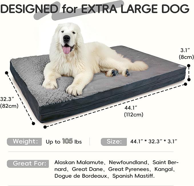 Sytopia Washable 44" Dog Bed for Large Dogs – Double-Sided Plush, Waterproof, Removable Cover, Thick Orthopedic Support, Durable Multi- Size Comfort Clearance Indoor Flat Dog Bed