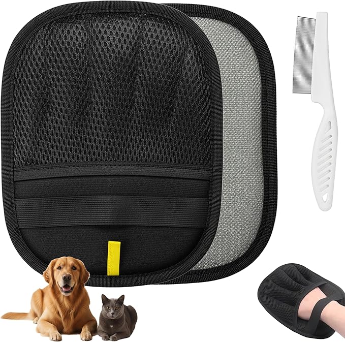 Pet Hair Removal Glove for Dogs & Cats,Five-Finger Electrostatic Glove for Clothes,Couch,Carpets,Car Seat,Individually Wrapped 2 Pack Black,L