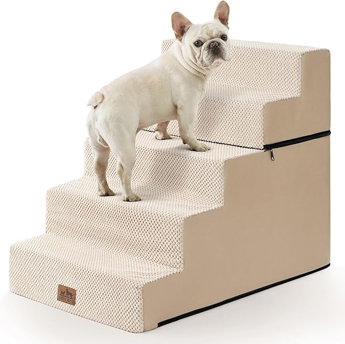 Dog Stairs for Small Dogs, 5 Tier Removable Wider Pet Stairs for Couch and Bed, 23.6" H Non-Slip Dog Steps for Puppies and Old Cats with Support Board, 19.7x29.5x23.6 inch, Beige
