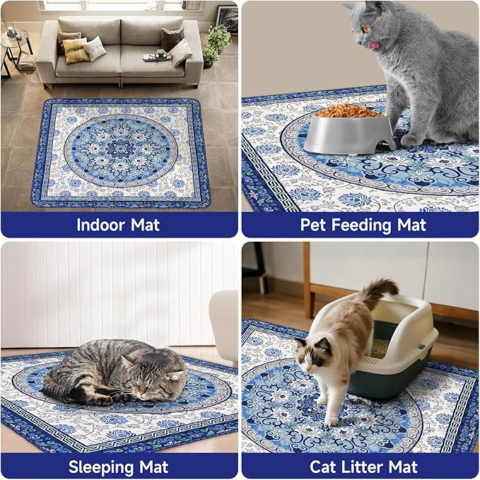 Cat Litter Mat, Reusable Kitty Litter Trapping Mat 2 PCs, 35"x35" Washable Litter Mats for Cats, Waterproof & Non-Slip Compatible with Cat Box (Indigo Blue Medallion, 35"x35"(2 PCS))