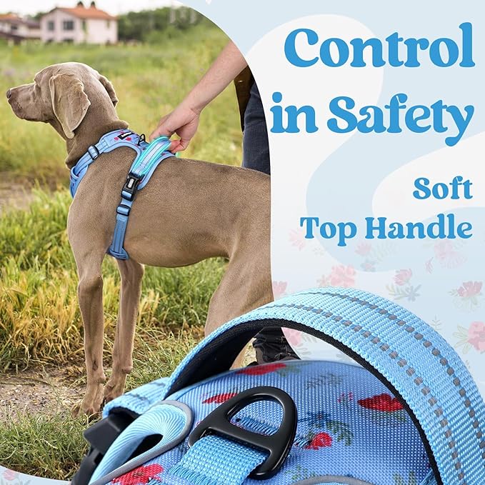 rabbitgoo Dog Harness Medium Sized, No Pull Pet Harness with 3 Buckles, Adjustable Soft Padded Vest with Control Handle, Walking Reflective Pet Vest for Medium Dogs, Floral Blue, M