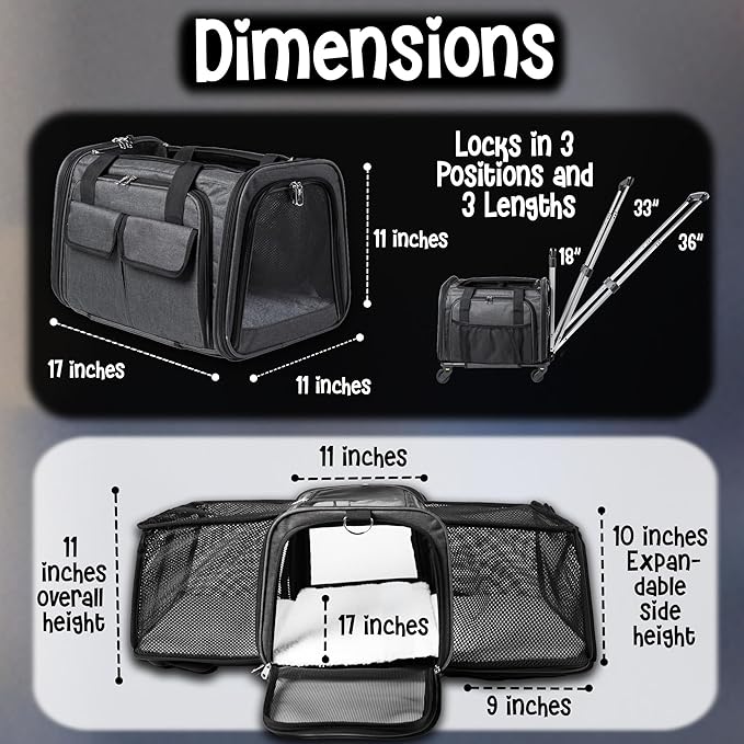 Pet Carrier with Wheels | United Delta American Frontier Airline Approved | Two Expandable Sides, Storage Pockets Adjustable Leash | Rolling Dog and Cat Carrier TSA Compliant (Dark Grey 17x11x11)