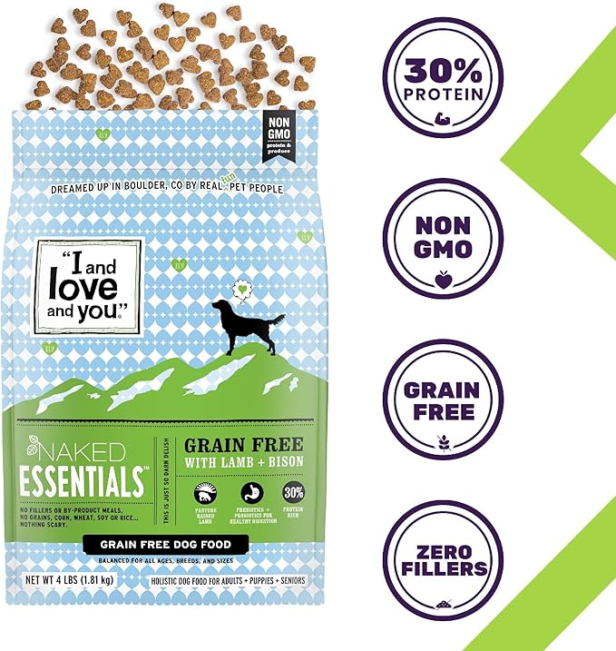 I and love and you Naked Essentials Dry Dog Food - Lamb + Bison - High Protein, Real Meat, No Fillers, Prebiotics + Probiotics, 23lb Bag