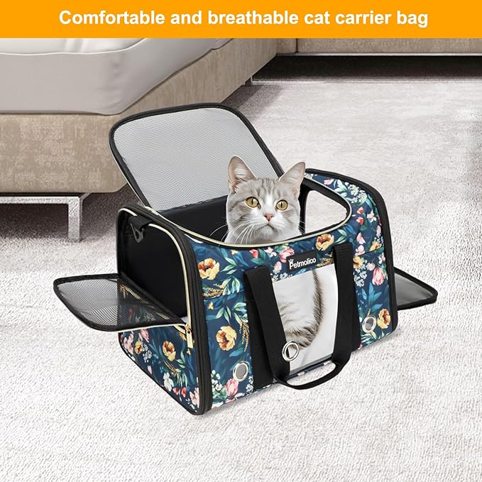 Petmolico Cat Carrier Soft-Sided Pet Bag for Small Medium Cats Puppies 16LBs - Airline Approved Pet Travel Carrier 3 Open Doors (Medium,Green Peony)