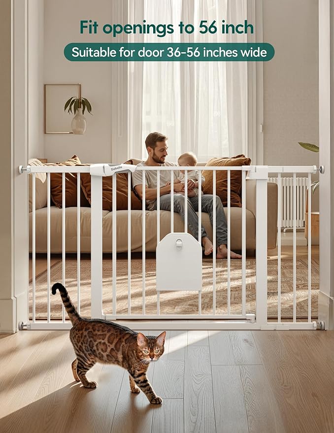 Babelio 36-56" Extra Wide Auto Close Baby Gate with Cat Door, Pet Gate Indoor with Extra Wide Walk Thru Door, Metal Dog Gate for Doorway, Stairs, Includes 4 Wall Cups and 3 Extension Pieces, White