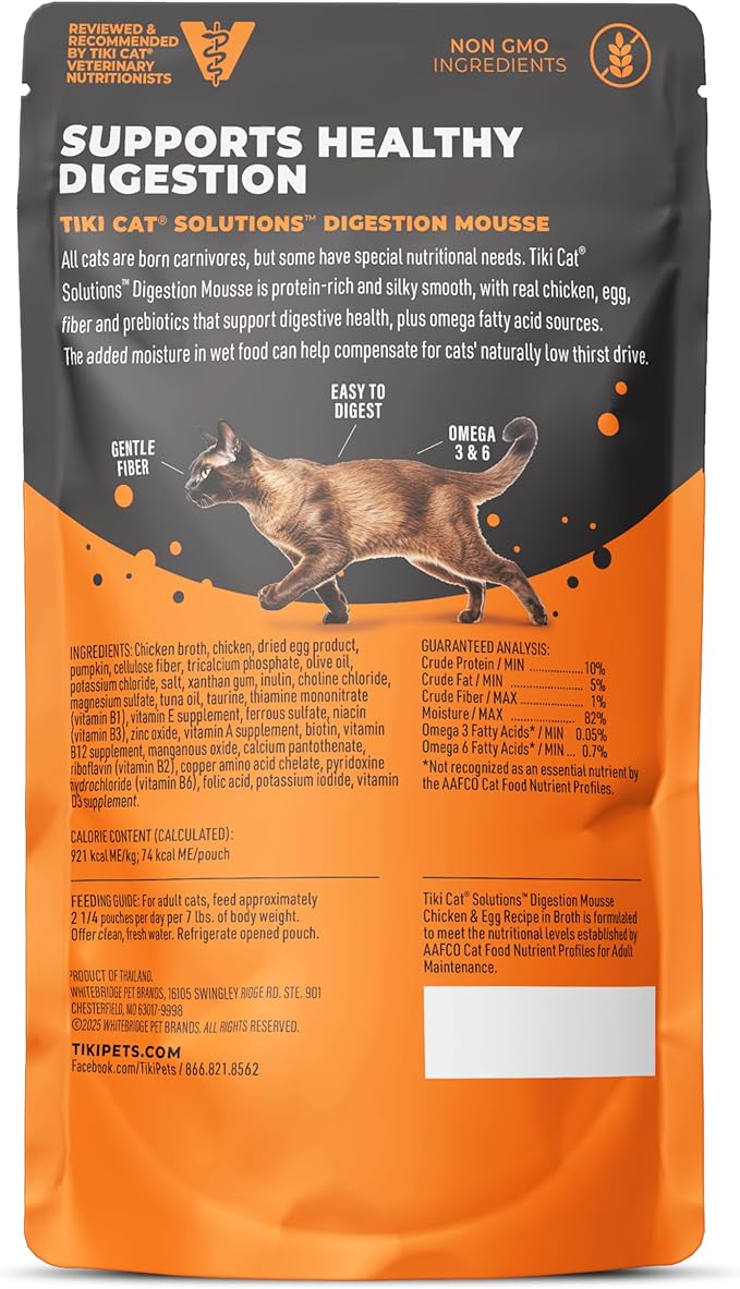 Tiki Cat Solutions Digestion Mousse, Chicken & Egg Recipe in Broth, Formulated to Support Healthy Digestion, Functional Wet Cat Food, 2.4 oz. Pouch (12 Count)