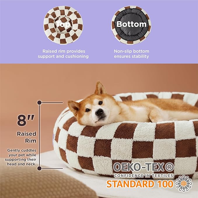LE SURE Donut Large Dog Bed - Round Cat Beds for Indoor Anti-Anxiety Calming Pet Beds, Washable Cute Modern Beds with Teddy Sherpa Plush & Anti Slip Bottom, 36 Inch, Brown