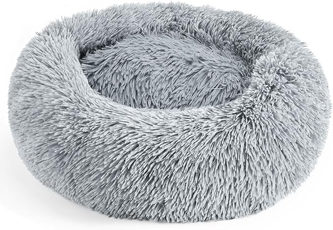 28in Large Dog Bed, Medium Size Dog and Cats, Calming Donut Bed for Puppy and Kitten, Washable Round Fluffy Pet Bed (Light Grey)