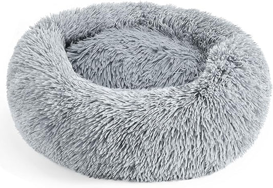 28in Large Dog Bed, Medium Size Dog and Cats, Calming Donut Bed for Puppy and Kitten, Washable Round Fluffy Pet Bed (Light Grey)