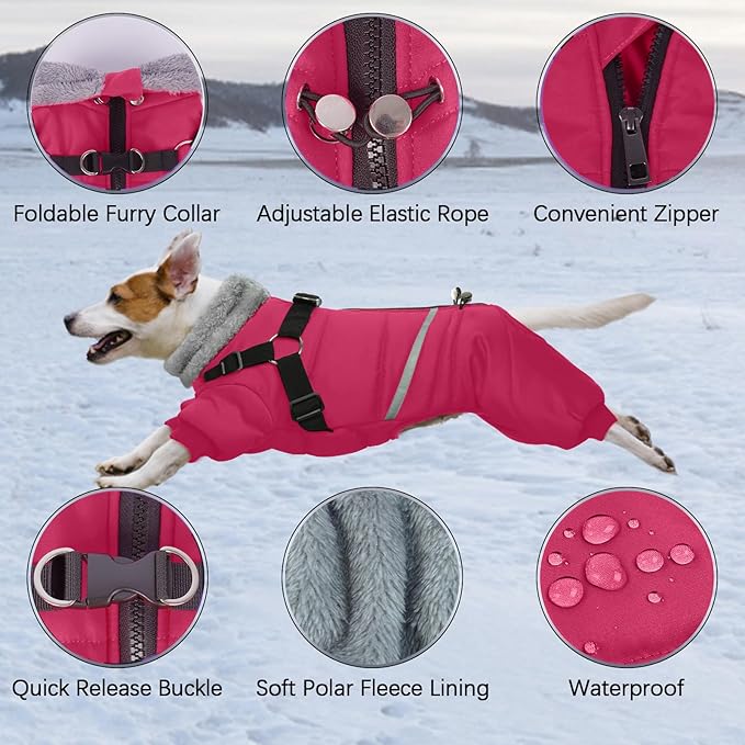 BRKURLEG Dog Winter Coat with Harness Built in, Winter Dog Jacket for Small and Medium Dogs, Small Dogs Snowsuit Reflective Windproof Cold Weather Coat, Puppy Warm Fleece Coats, Hot Pink, XL