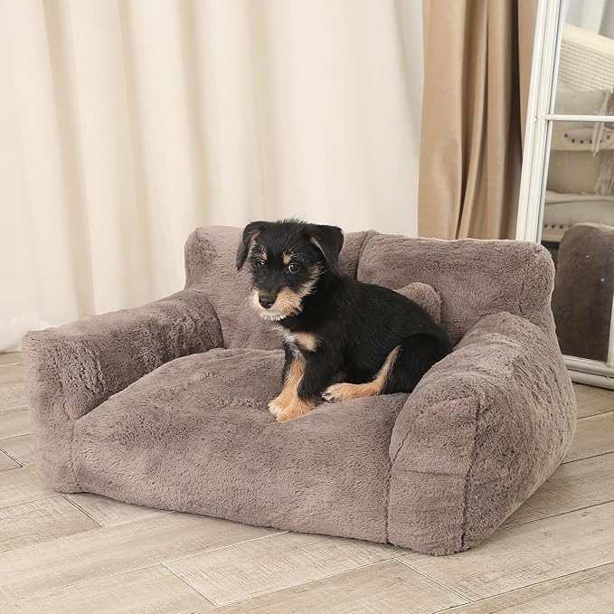 Fluffy Cat Couch for Indoor Cats, Small Dog Bed with Bone Shaped Pillow, Anti-Anxiety Pet Bed with Washable Cover, Brown