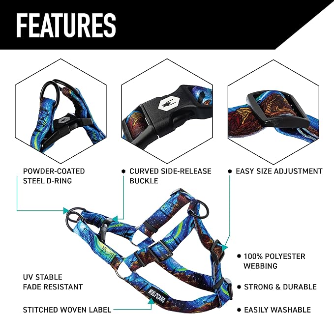 Wolfgang Heavy Duty Adjustable Dog Harness, Pull-Tested to Over 800 lbs for Walking & Training, StarryWolf Print, Medium
