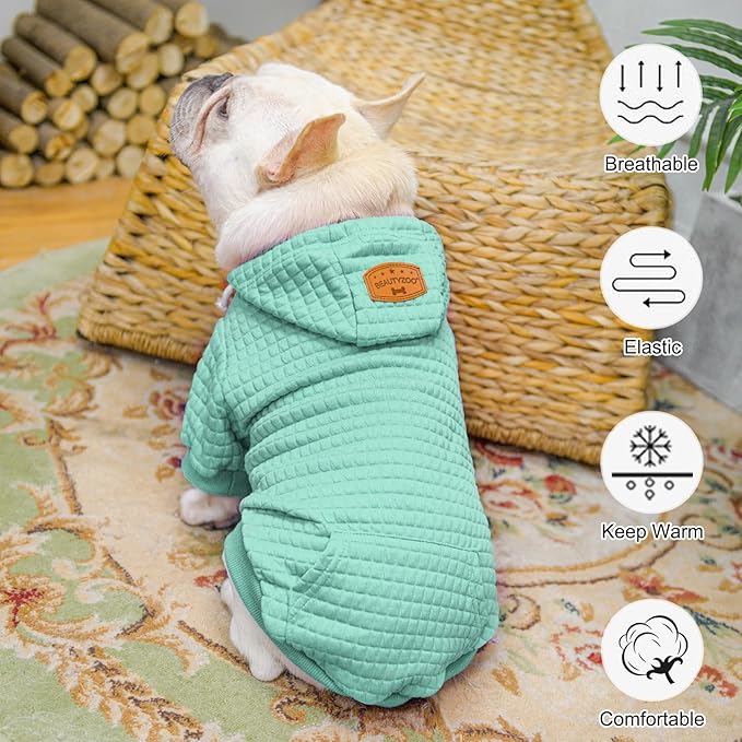 BEAUTYZOO Small Dog Hoodie Sweater with Pockets, Dog Clothes for Small Medium Dogs Boy Girl, Waffle-Like Laminated Cotton Pet Coats with Hat and Leash Hole, Mint Green L