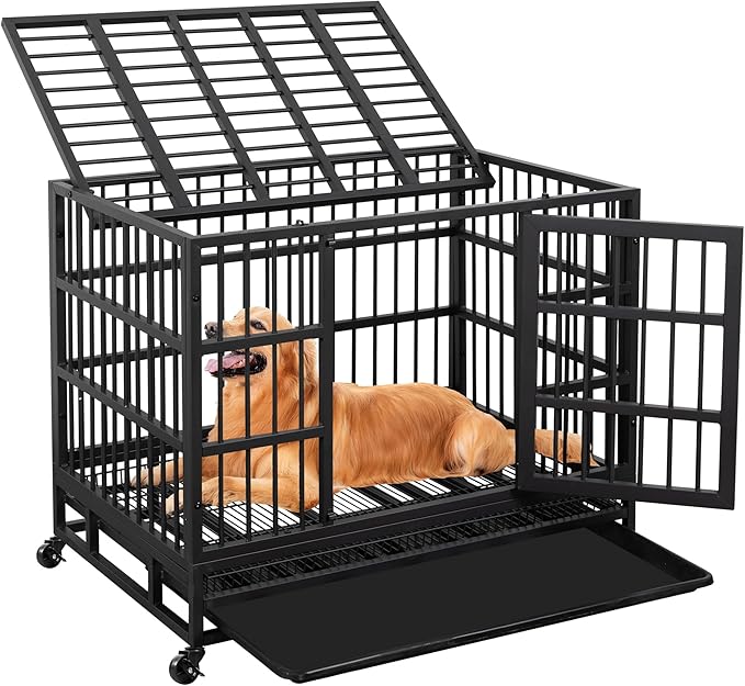JY QAQA 38 Inch Heavy Duty Indestructible Dog Crate, Escape Proof Dog Cage Kennel with Lockable Wheels,High Anxiety Double Door Dog Crate, Xl Extra Large Crate Indoor for Large Dog with Removable Tray